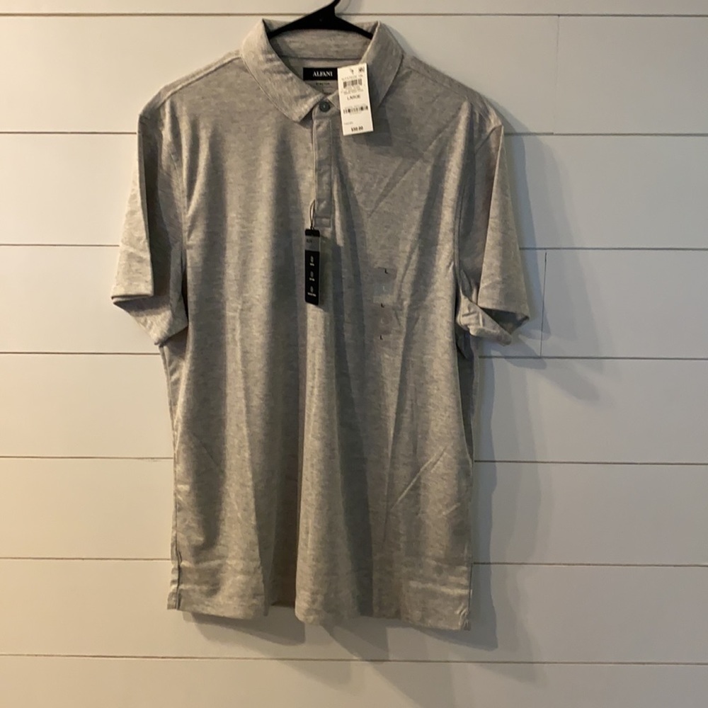 NWT Alfani hidden button up short sleeve polo smoke grey Heather size large